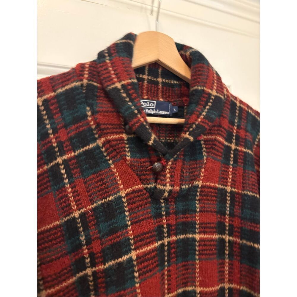 VTG Polo Ralph Lauren Sweater 100% Wool Plaid Shawl Collar Academia - Picture 4 of 6